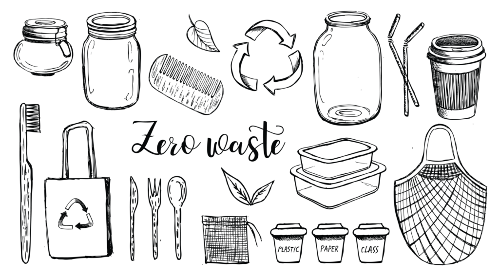 Auf weißem Untergrund steht "Zero waste" und rundherum sind verschiedene Produkte schwarz gezeichnet, die dafür hilfreich sind.