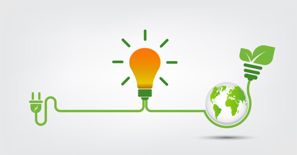 Energieideen retten die Welt Konzept Netzstecker grüne Ökologie, Vektorillustration