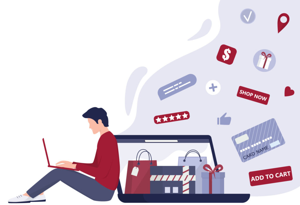 Online-Shopping mit Geräten. Moderne Technologie, Internet und E-Commerce-Webbanner. Mobile Marketing- und PPC-Technologie. Kundendienst und Lieferung. Isolierte flache Vektorillustration.