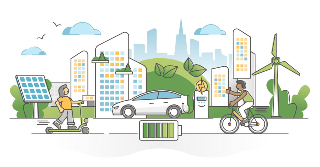 Elektrischer Transport mit Konzept zum Verbrauch umweltfreundlicher Batterien für alternative Energien. CO2-freie Stadtzone mit nachhaltiger und umweltfreundlicher Verkehrssystem-Vektorillustration.