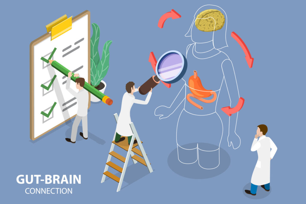 In einer Illustration wird dargestellt wie die Verbindung zwischen Darm und Gehirn wissenschaftlich untersucht wird.