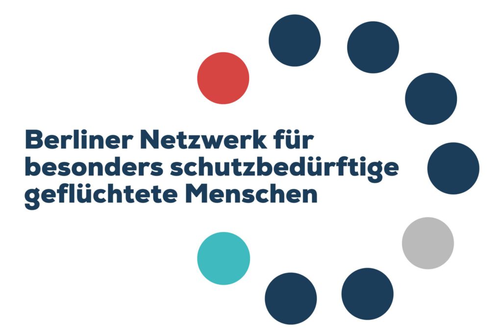 Das Logo des Berliner Netzwerk für besonders schutzbedürftige geflüchtete Menschen. Es besteht aus dem vorangegangenen Namen und einem Kreis mit verschieden farbigen Punkten.