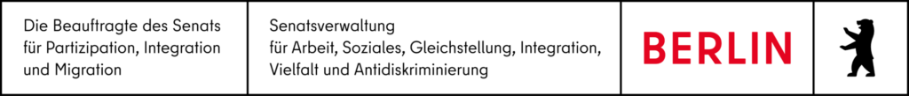 Logo der Senatsverwaltung für Arbeit, Soziales, Gleichstellung, Integration, Vielfalt und Antidiskriminierung sowie der Beauftragten des Senats für Partizipation, Integration und Migration. Berlin in Großbuchstaben und in Rot sowie dem Berliner Bären in Schwarz.